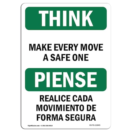 OSHA THINK Sign, Make Every Move A Safe One Bilingual, 5in X 3.5in Decal, 10PK